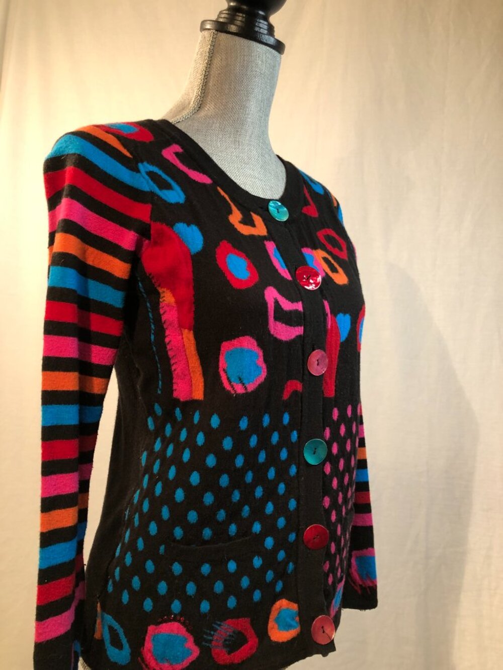 Y2K Abstract Art Teacher Mixed Print Button-Up Cardigan Sweater Size S - Picture 12 of 15